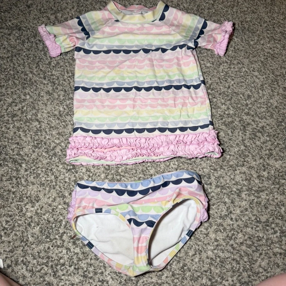 RuffleButts Girls Pastel Scallop Rash Guard and Ruffle Bottom Swimsuit Set - Picture 2 of 4